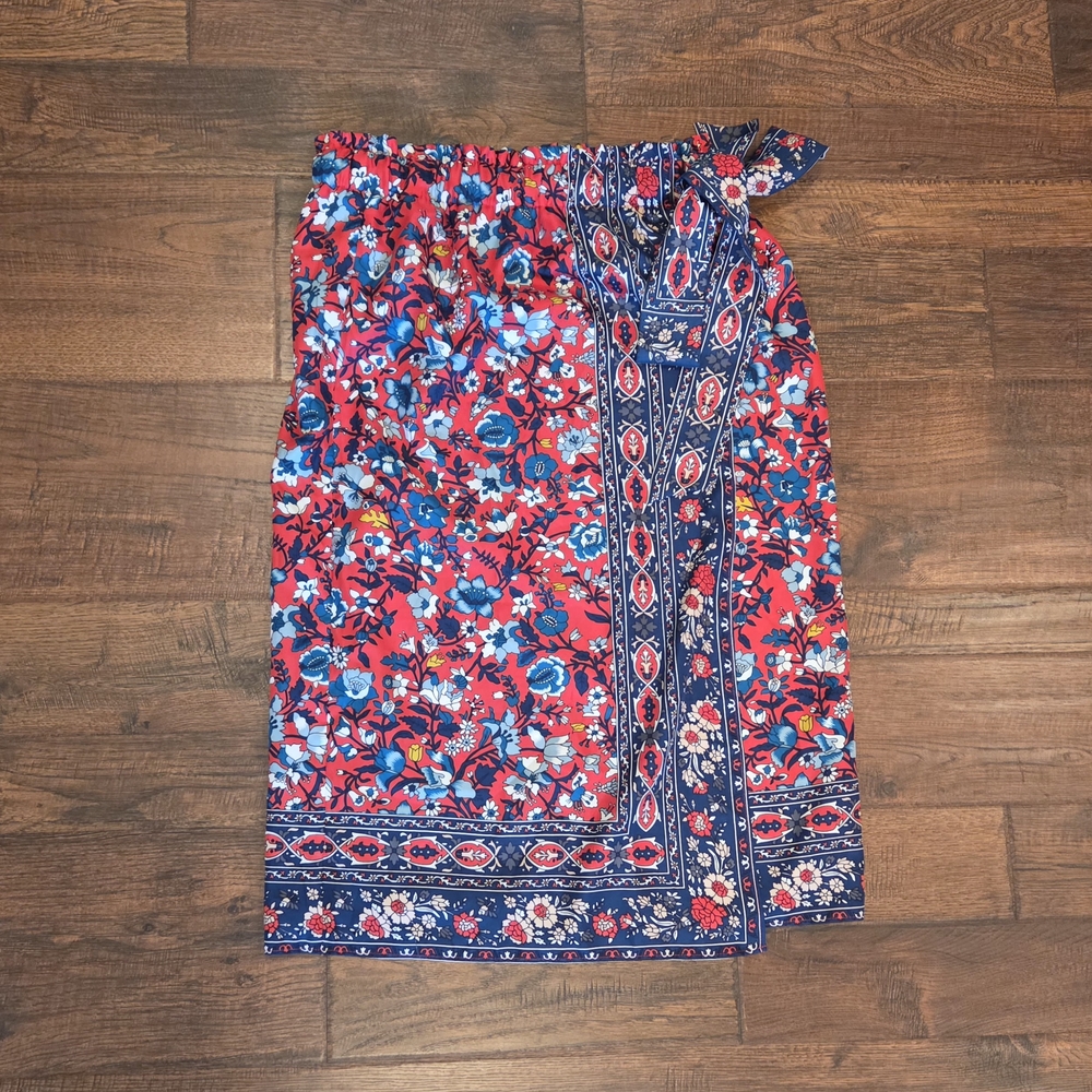 LOFT Red and Blue Floral Skirt Faux Wrap Elastic Waist Size XS
